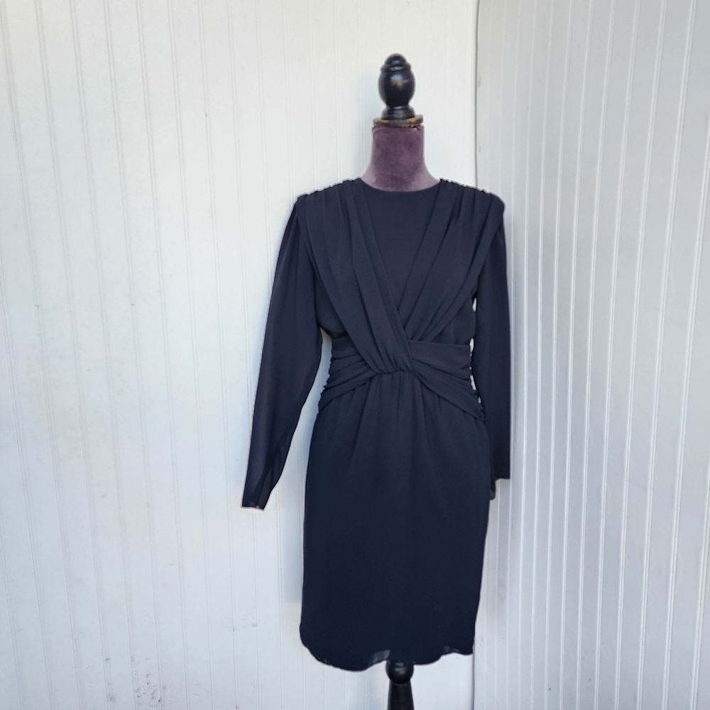 Ursula of Switzerland Draped Black Dress Vintage Georgette Long Sleeve Twist 6